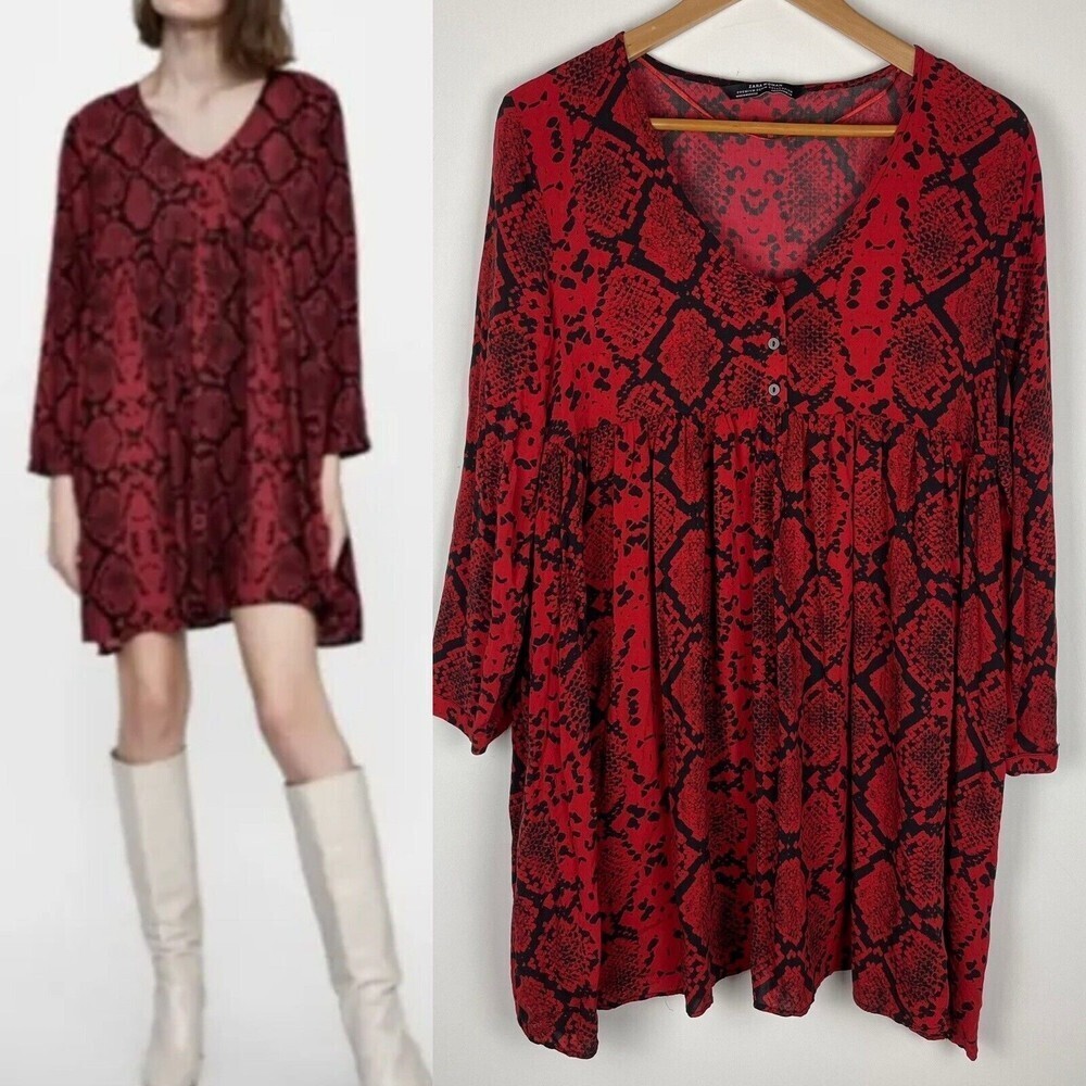 Zara‎ Amy Dress Red Snakeskin Print Oversized Mini Dress Size M​​​​